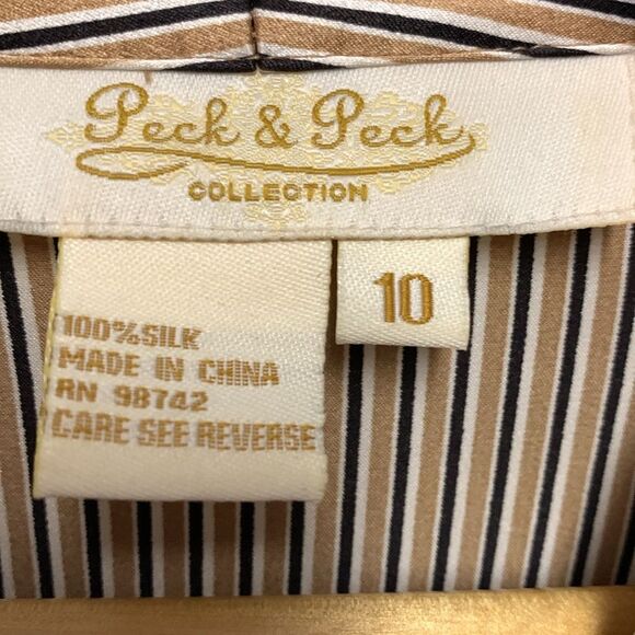 Peck & Peck Tan Navy Striped Silk Charmeuse V-neck Button Front Blouse Size 10 - Picture 6 of 12